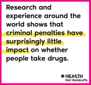 a Health Not Handcuffs campaign image, reading: "Research and experience around the world shows that criminal penalties have surprisingly little impact on whether people take drugs."