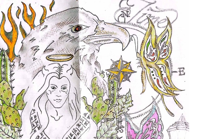 A cropped version of an untitled illustration by Pāraki Edwards, showing a bird, a butterfly, a compass, and a woman with horns and a halo. Cacti and flames also feature prominently.